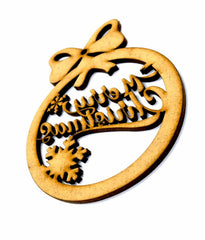 Wooden Christmas ornament with a bow and snowflake design on a white background