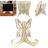 Butterfly-shaped wooden stand with a small blackboard on a white background