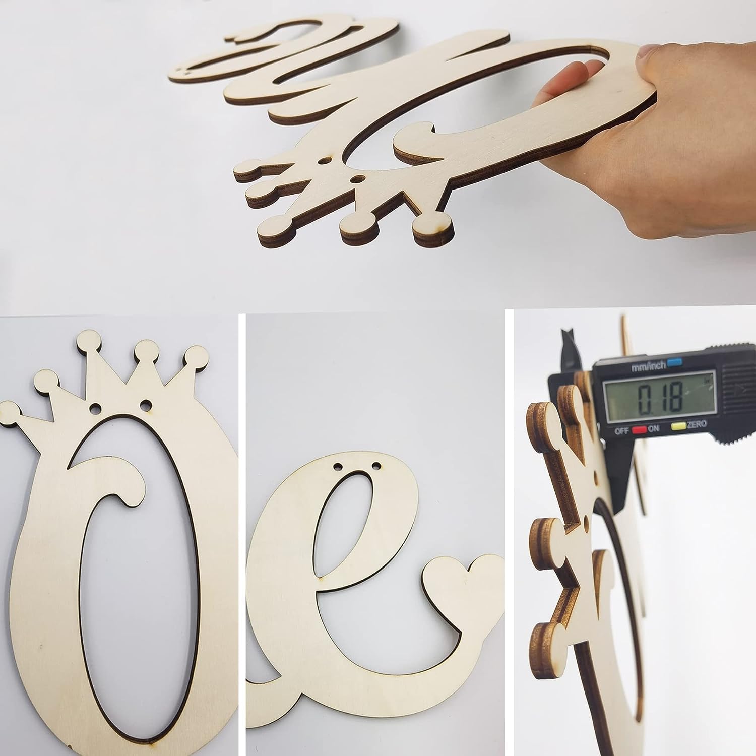 Wooden letters with decorative elements, being measured with a digital caliper.