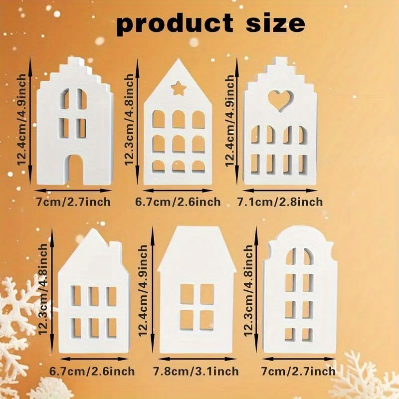 Measurement chart of white house-shaped cutouts with dimensions on a beige background.