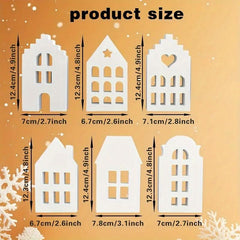 Measurement chart of white house-shaped cutouts with dimensions on a beige background.