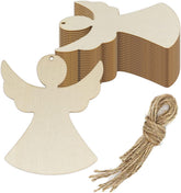 Unfinished wooden angel shapes with twine on a white background