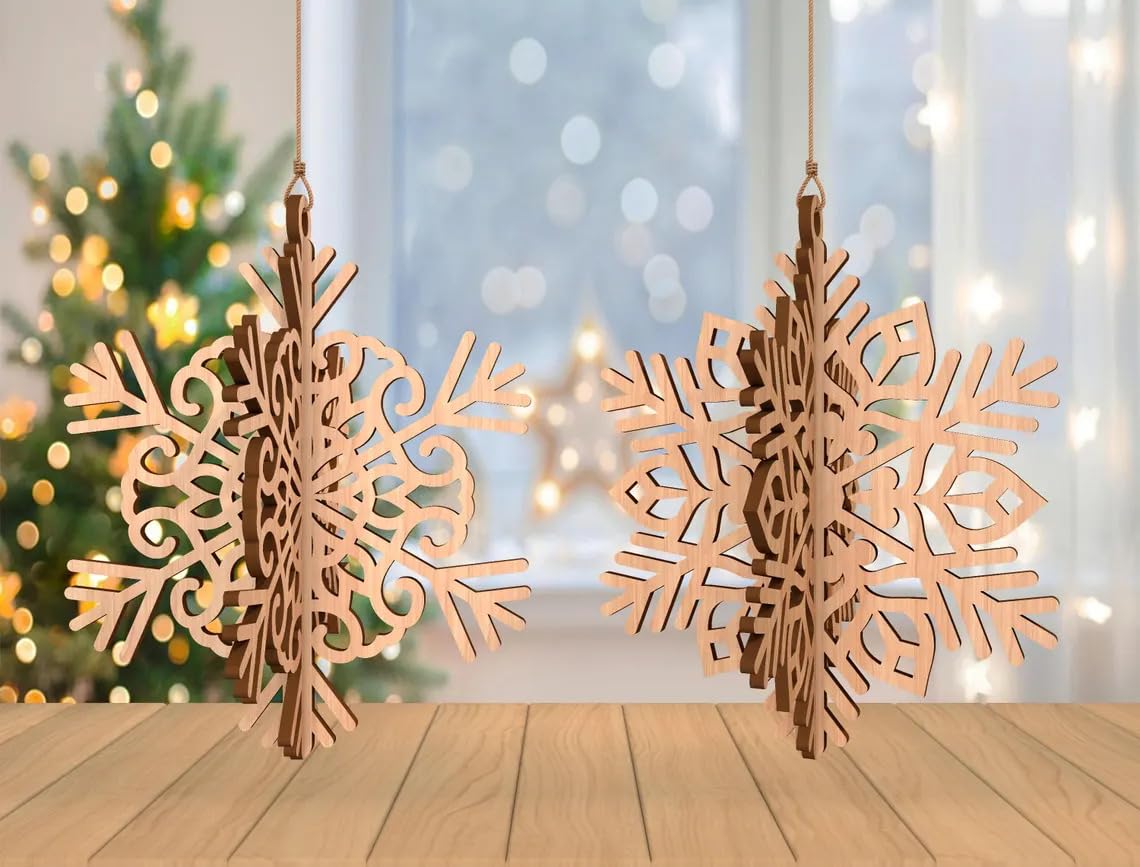 Wooden snowflake decorations on a wooden surface with a festive background.