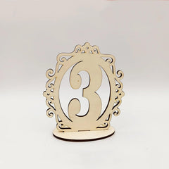 Decorative wooden table number '3' on a light gray background