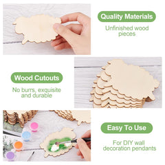 Unfinished wood cutouts with text highlighting quality materials, durability, and ease of use for DIY wall decoration.