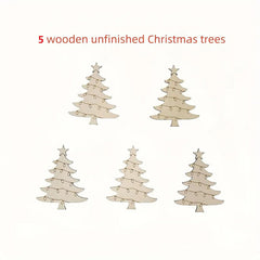 Five unfinished wooden Christmas trees on a white background with text indicating quantity.