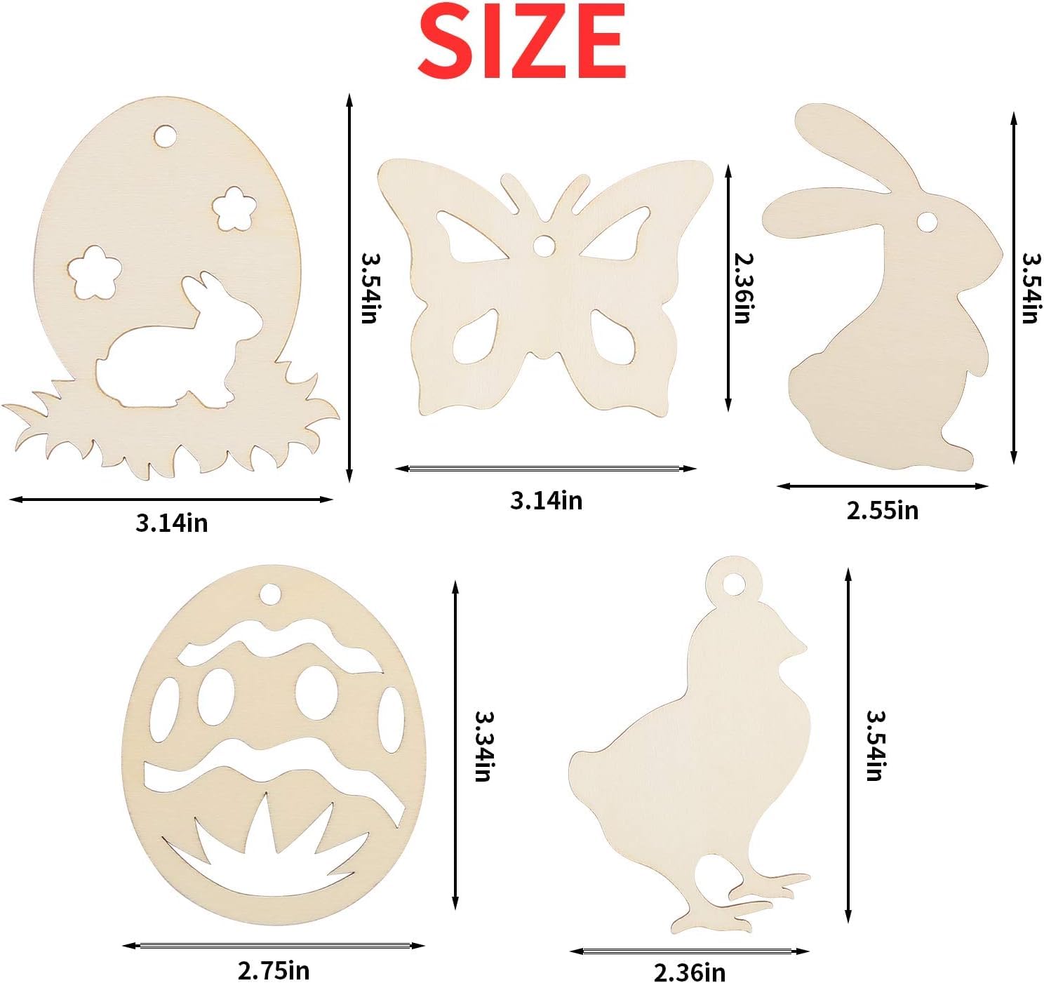 Wooden cutouts of animals with their dimensions labeled