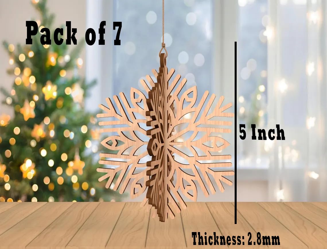Wooden snowflake ornament with measurements and a Christmas tree in the background