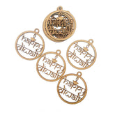 Gold 'happy diwali' pendants on a white background