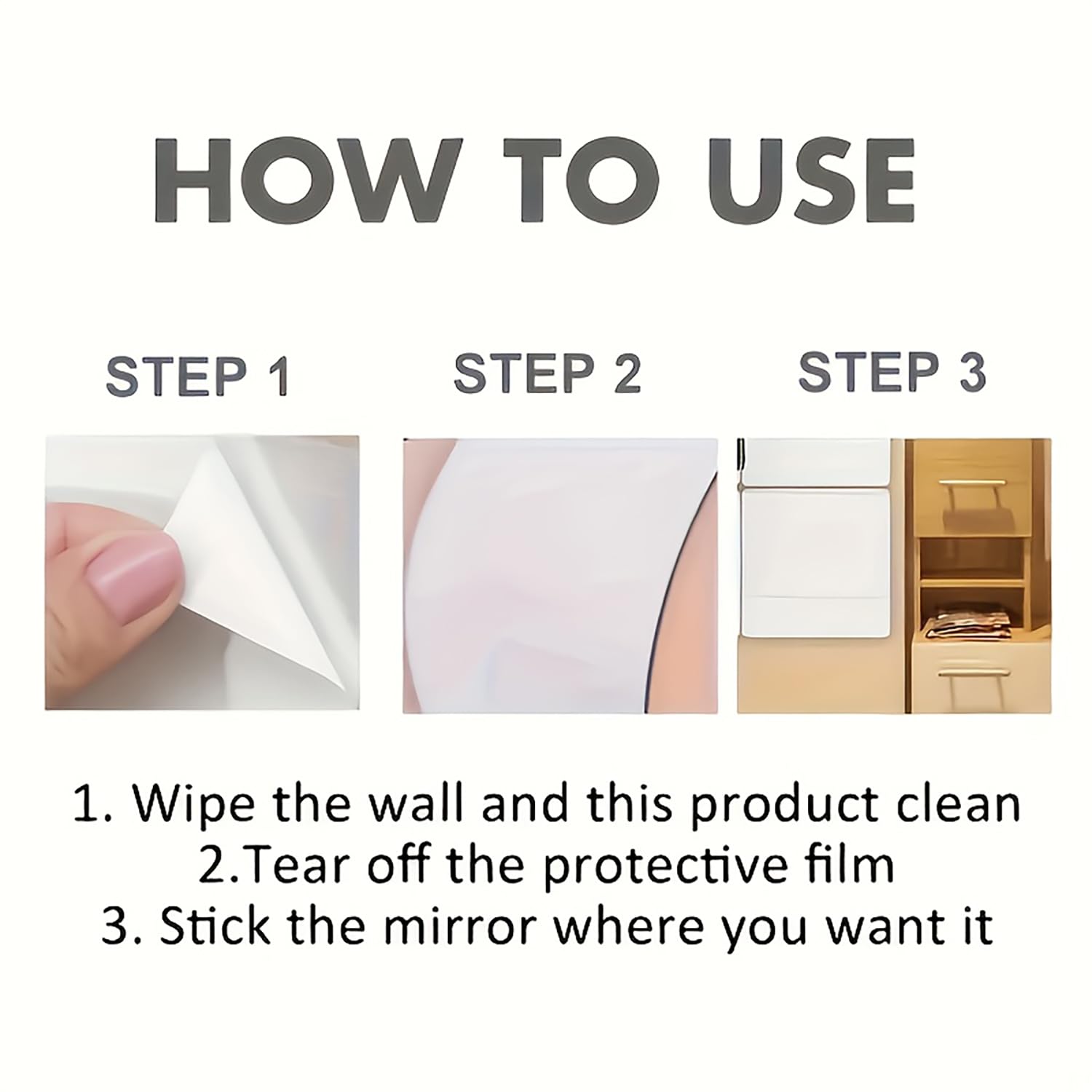 Instructions on how to use a mirror, including steps and images of the process.
