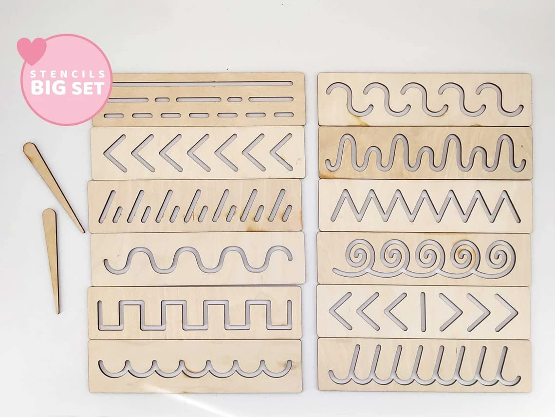Set of wooden stencils with various patterns on a white background