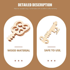 Two wooden keys on a brown background with text about wood material and safety.