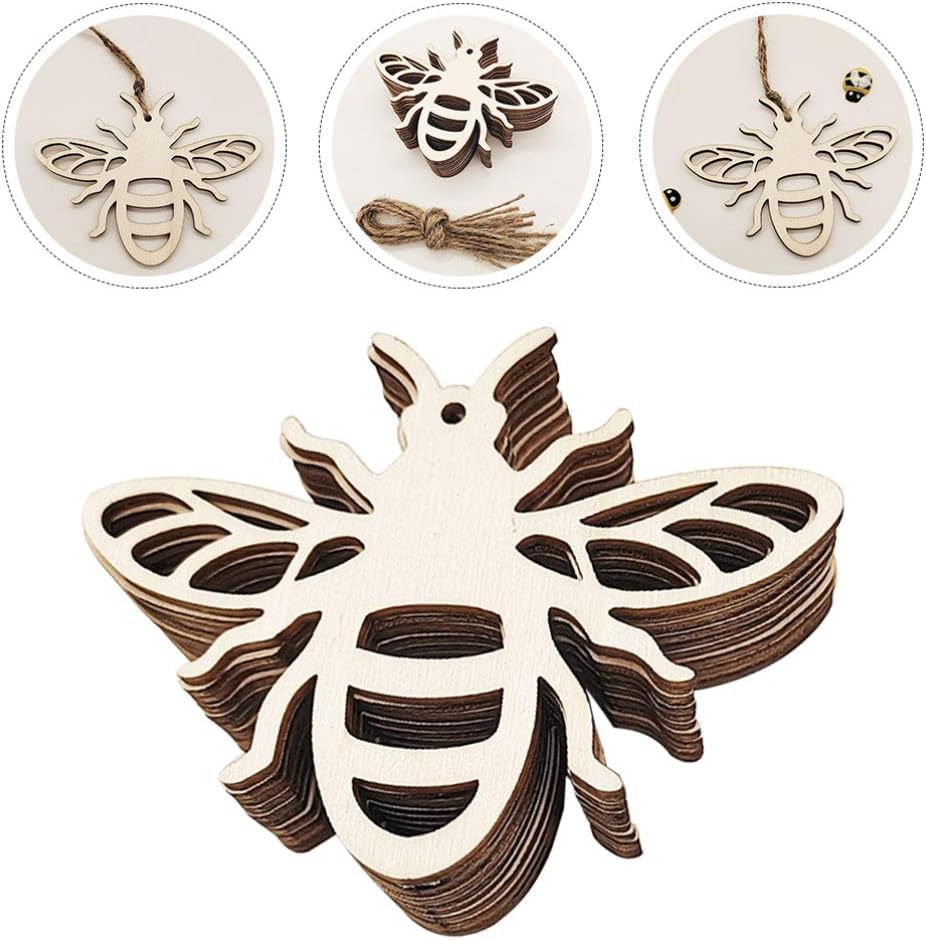 Wooden bee-shaped decorations with a large one in the center and smaller ones around it.