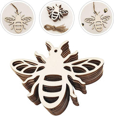 Wooden bee-shaped decorations with a large one in the center and smaller ones around it.