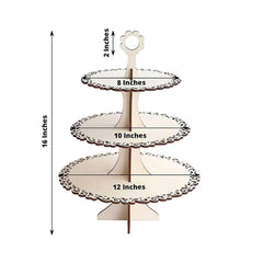 Three-tiered decorative stand with measurements on a white background