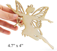 Wooden fairy ornament held by a hand with dimensions displayed