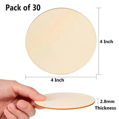 Pack of 30 round wooden discs with dimensions and a hand holding one disc for scale.