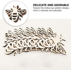 Wooden bee-shaped cutouts with a close-up inset on a white background