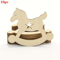 Set of 10 wooden rocking horse toys on a white background