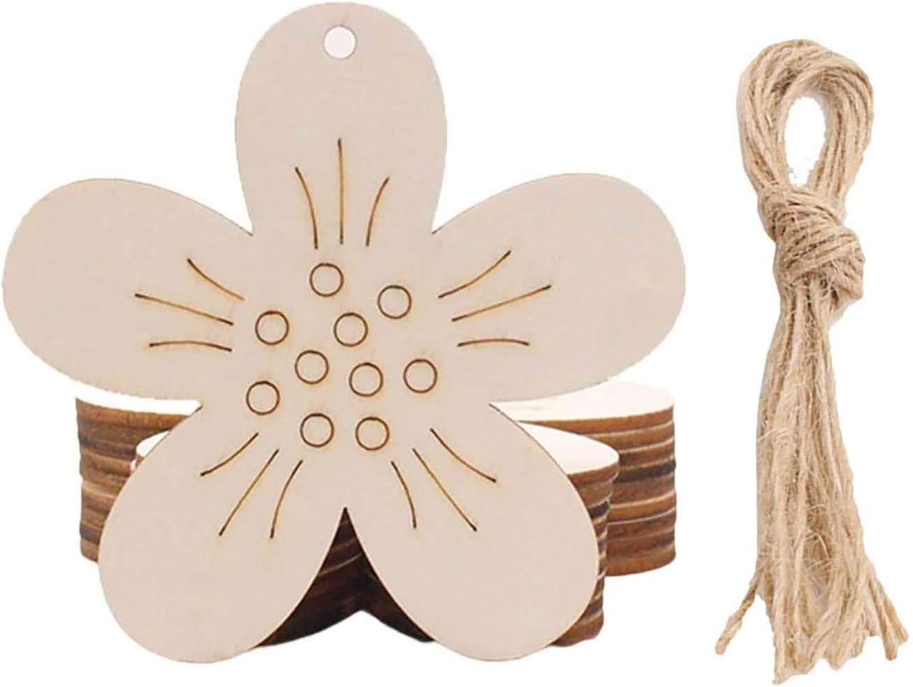 Wooden flower-shaped ornament with string on a white background