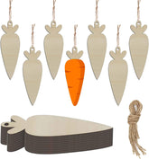 Wooden carrot-shaped cutouts with an orange carrot in the center on a white background.
