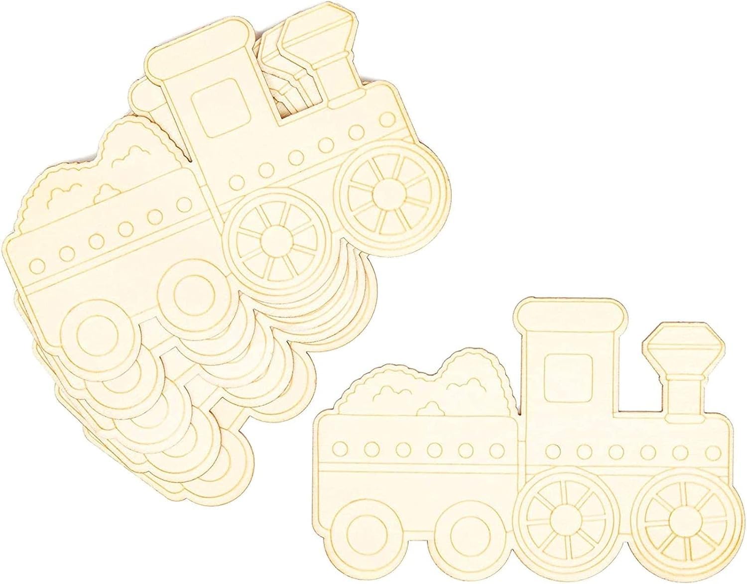 Wooden toy train cutouts on a white background