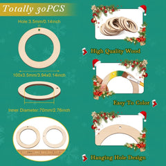 Wooden circular cutouts with measurements and Christmas-themed decorations on a green background