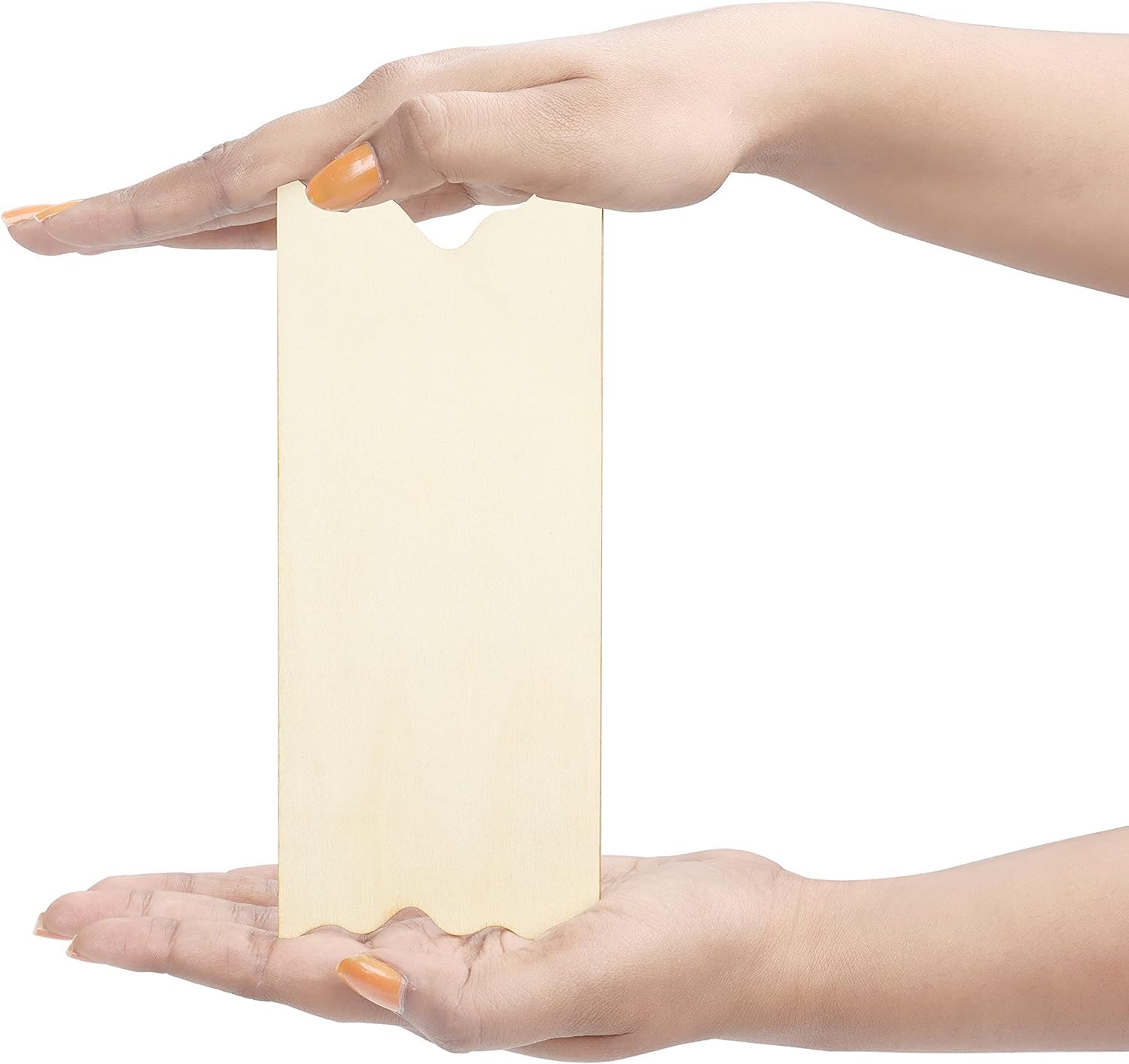 Two hands holding a rectangular white object against a white background