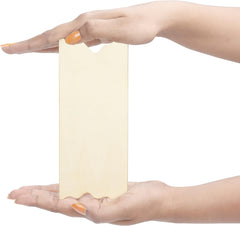 Two hands holding a rectangular white object against a white background