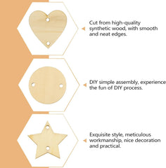 Wooden heart, circle, and star shapes with text on a beige background