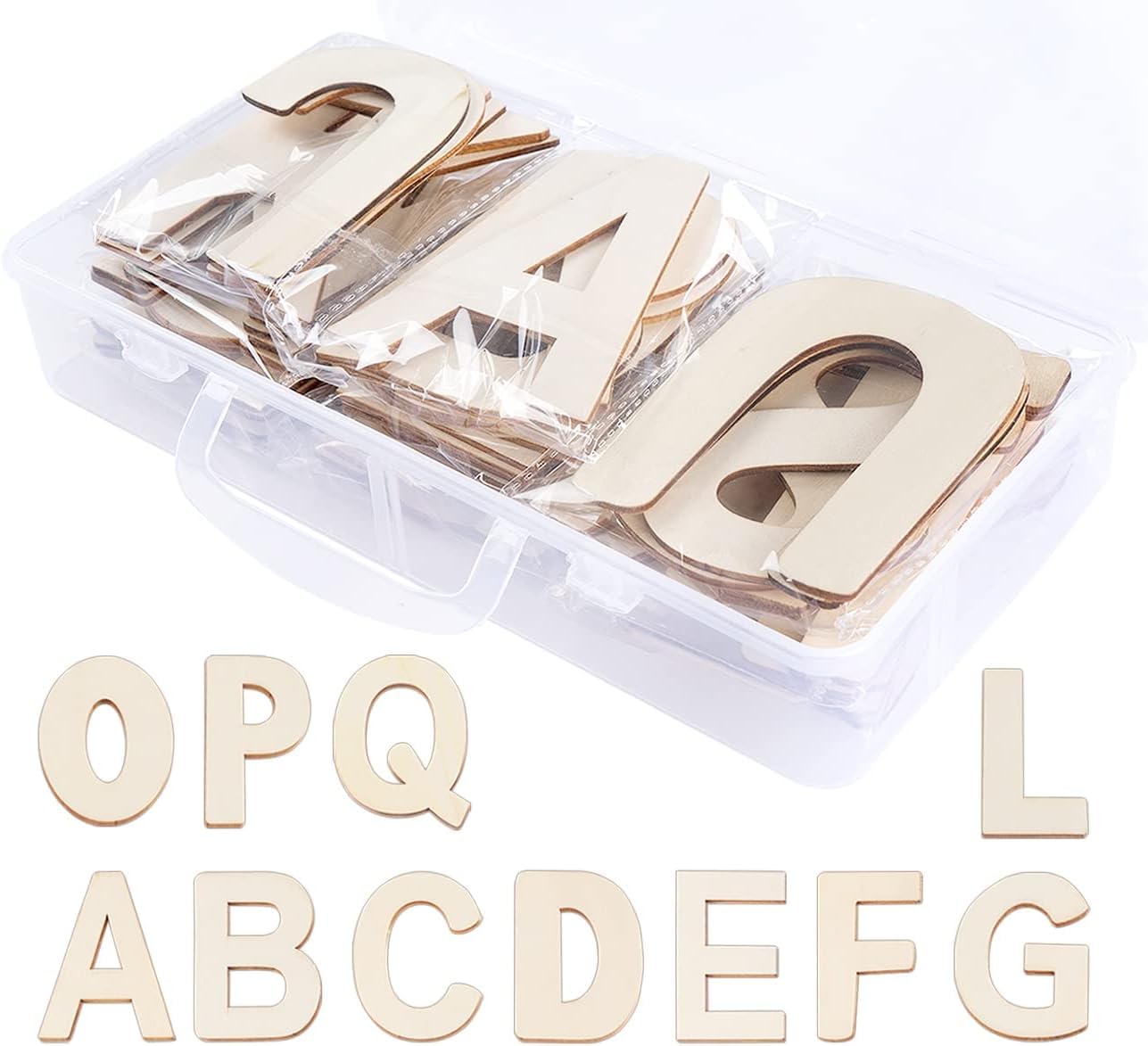 Set of wooden letters in a clear plastic case with additional letters displayed below.
