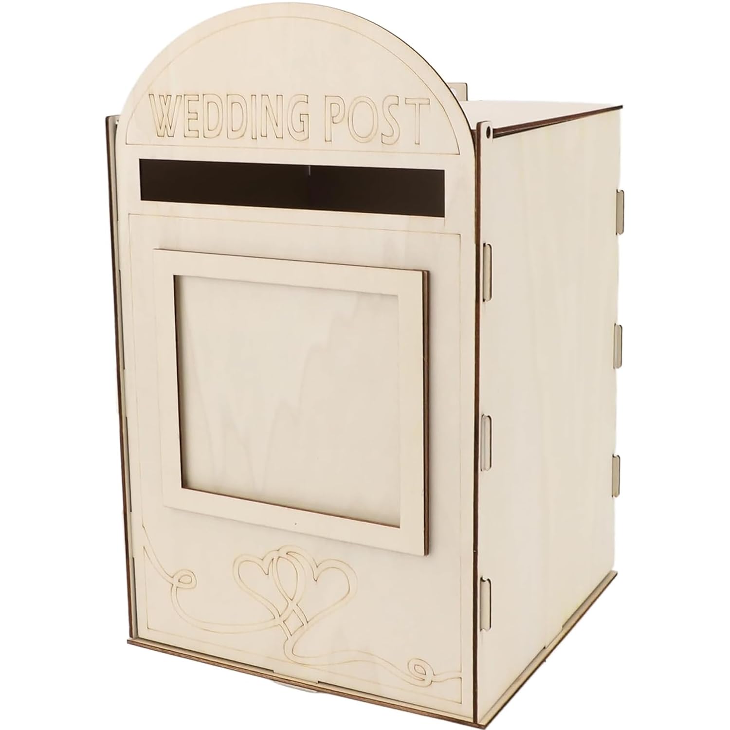Wooden wedding post box with decorative elements on a white background