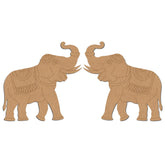 Two decorative cardboard elephants with intricate patterns on a white background
