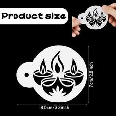 Decorative stencils with flame and lotus design, shown with measurements on a black background.