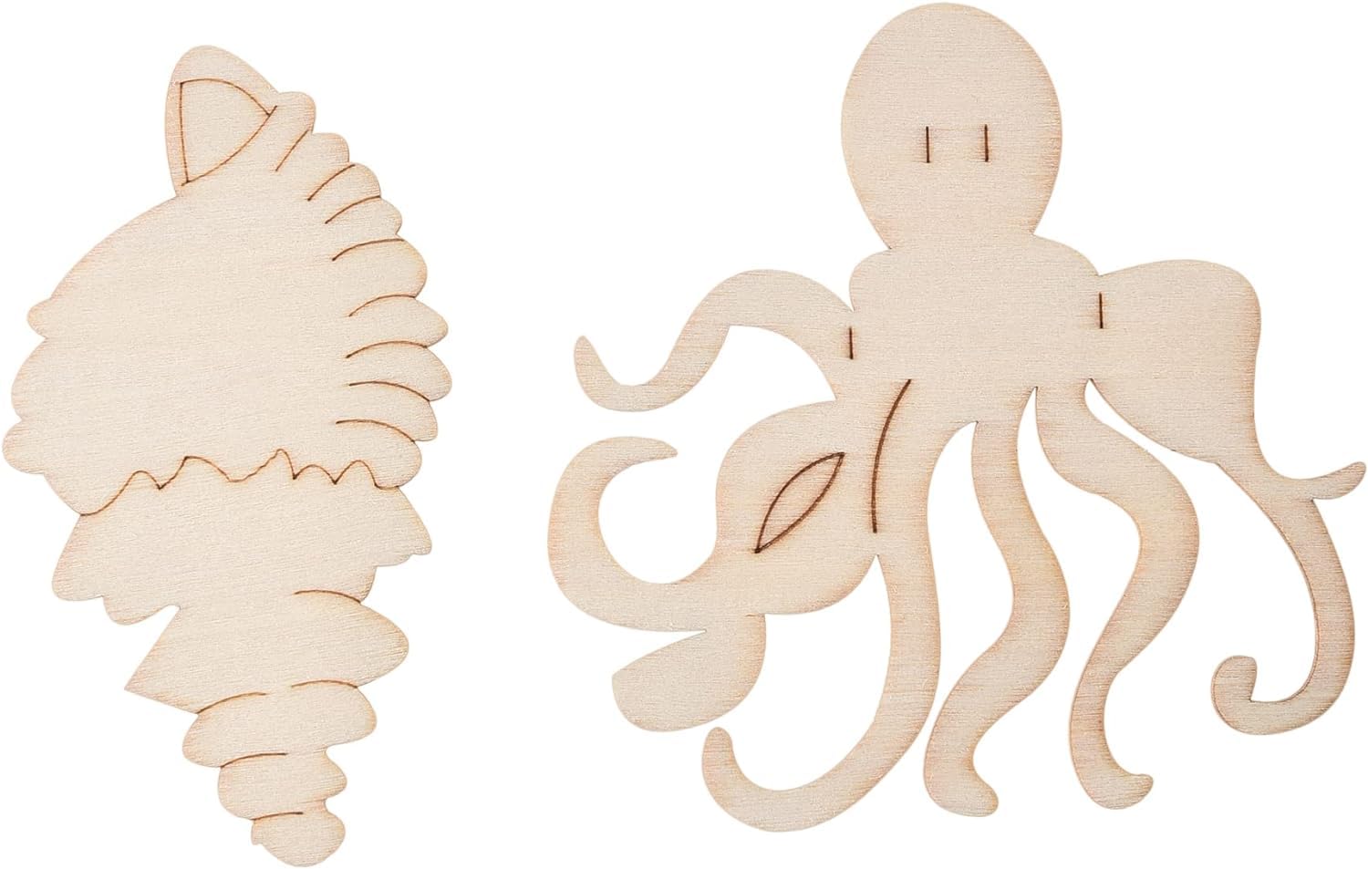 Wooden octopus and shell decorations on a white background