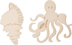 Wooden octopus and shell decorations on a white background