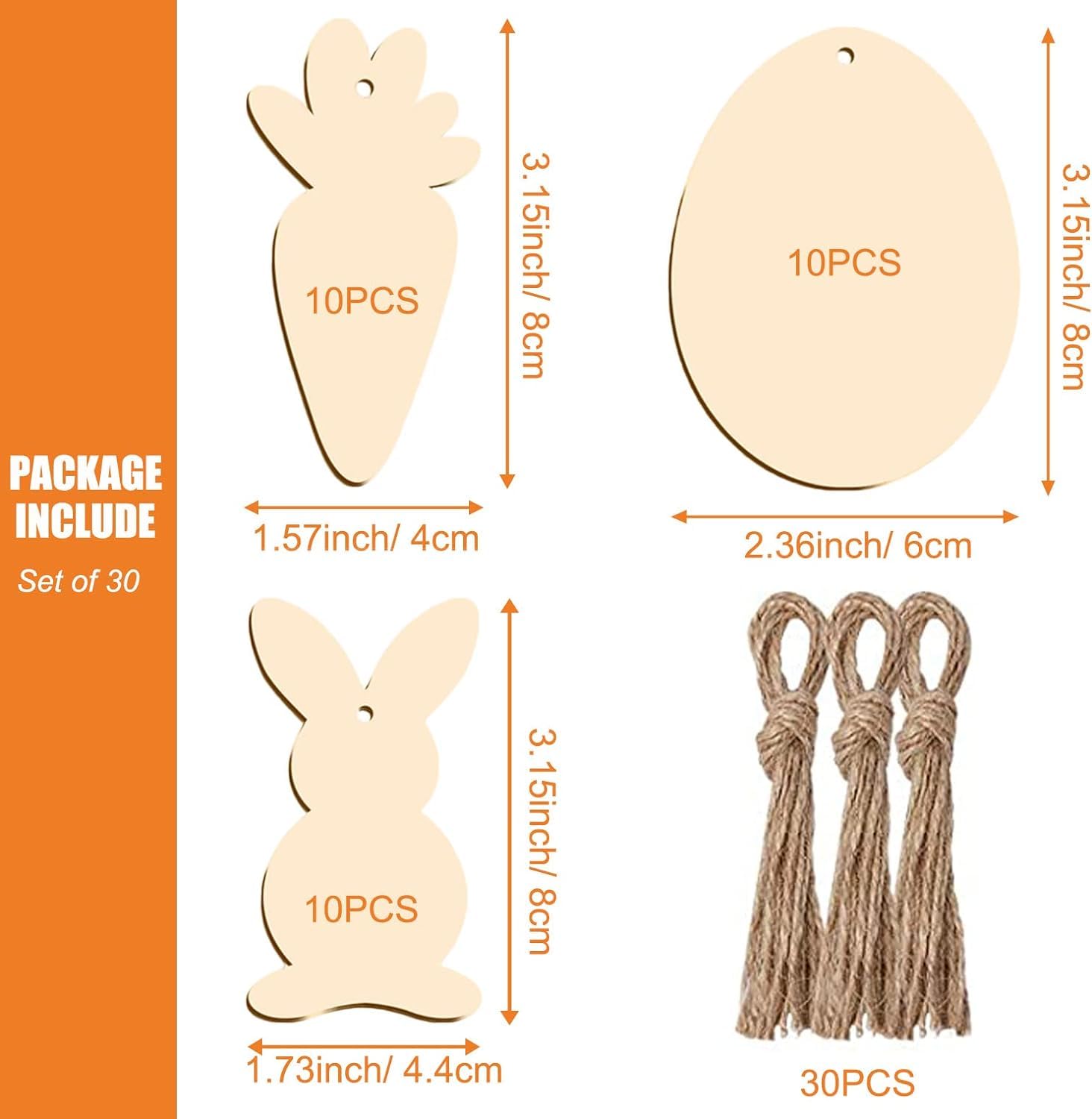 Wooden cutouts of a carrot, egg, and bunny with jute ropes on an orange background