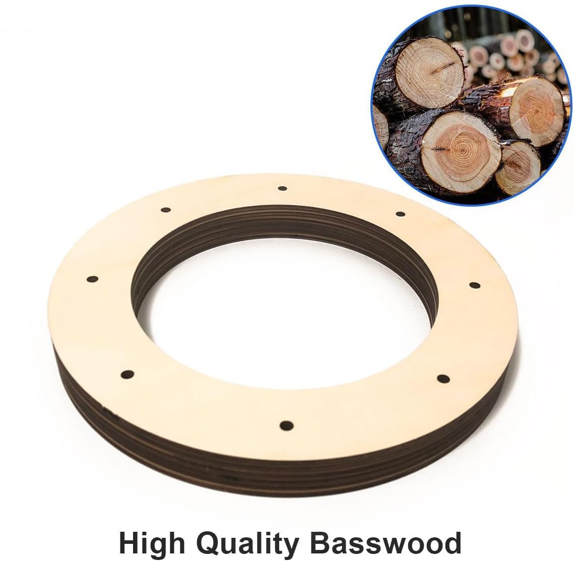 Wooden ring with high quality basswood text and inset image of stacked wooden logs.