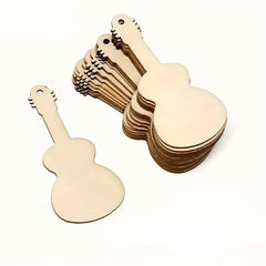 Stack of guitar-shaped wooden cutouts on a white background