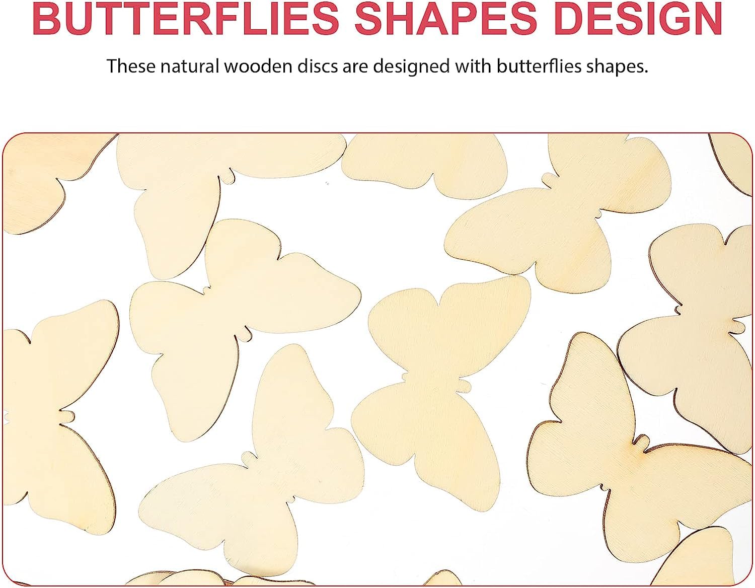 Wooden butterfly shapes with text indicating their design and material.