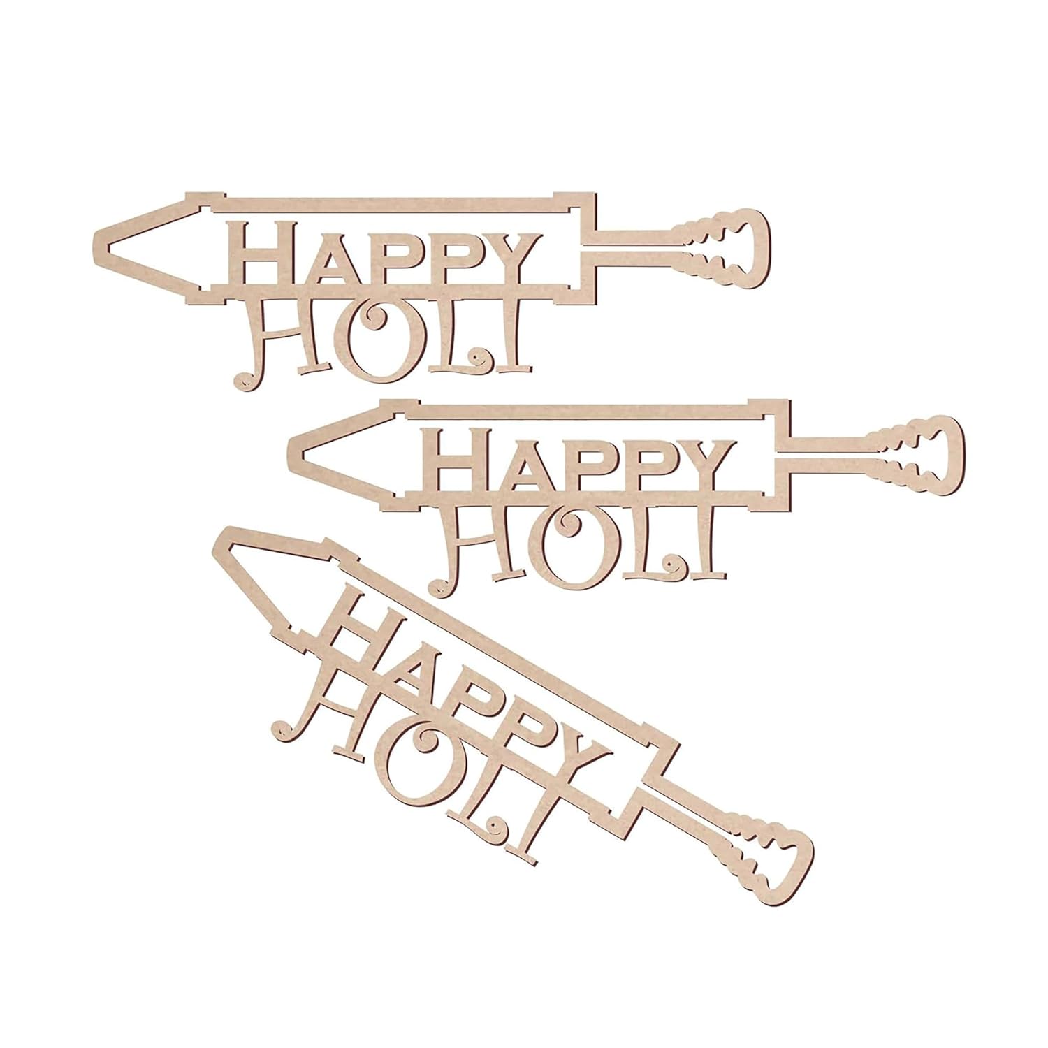 Three wooden decorative signs with 'Happy Holi' text on a white background