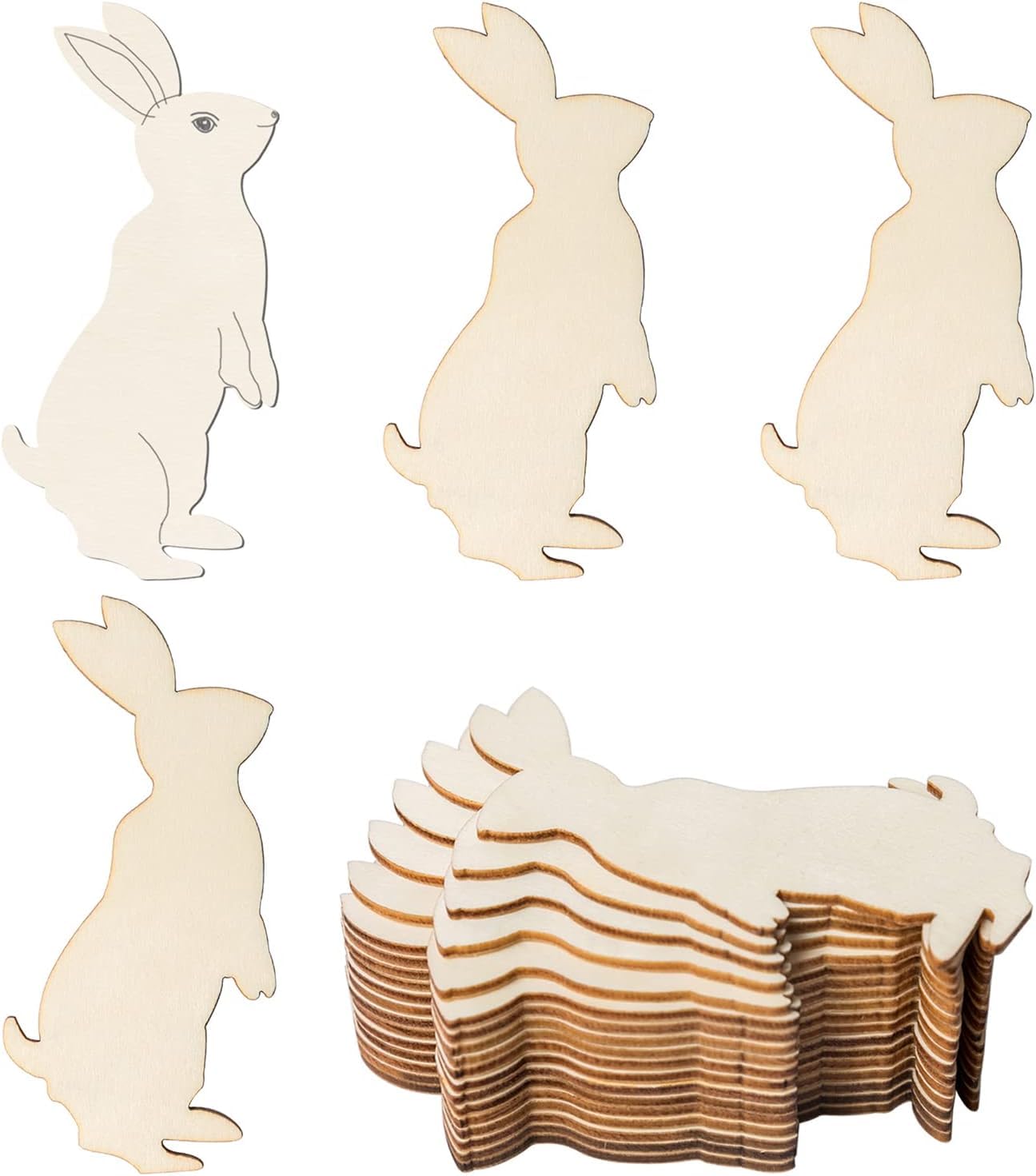 Set of wooden rabbit shapes with a stack of additional pieces on a white background