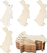 Set of wooden rabbit shapes with a stack of additional pieces on a white background