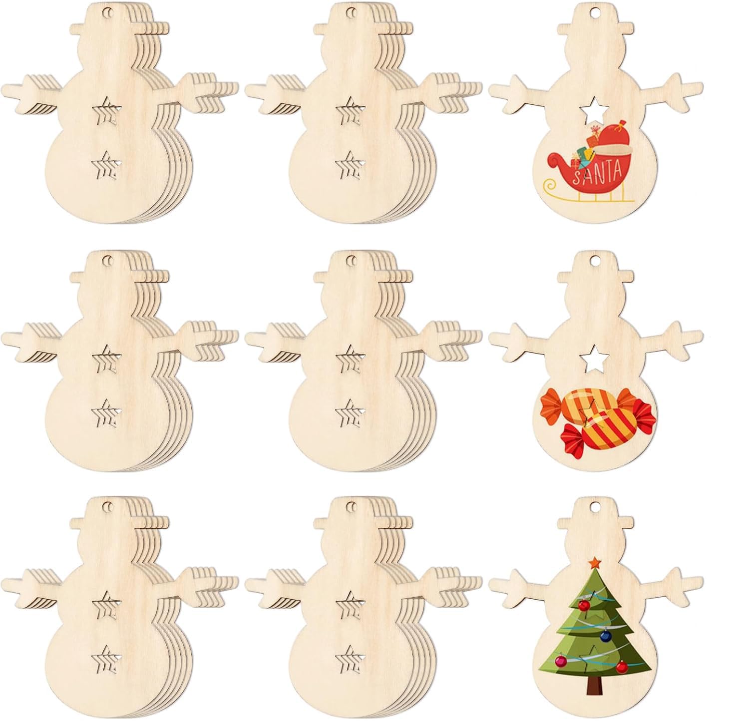Set of wooden snowman-shaped Christmas ornaments with printed designs on a white background