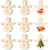 Set of wooden snowman-shaped Christmas ornaments with printed designs on a white background