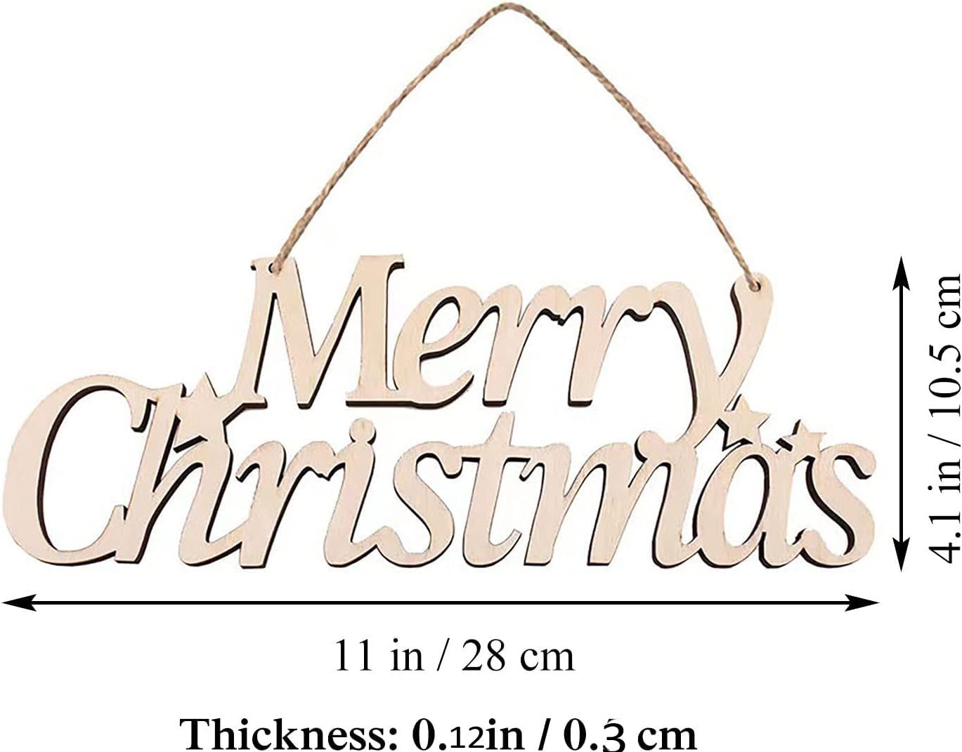 Wooden 'Merry Christmas' sign with dimensions and thickness on a white background