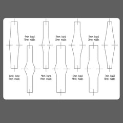 Technical drawing of various leg designs with labeled bands and middle sections on a gray background.