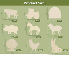 Product size chart with wooden animal cutouts and their dimensions on a green background
