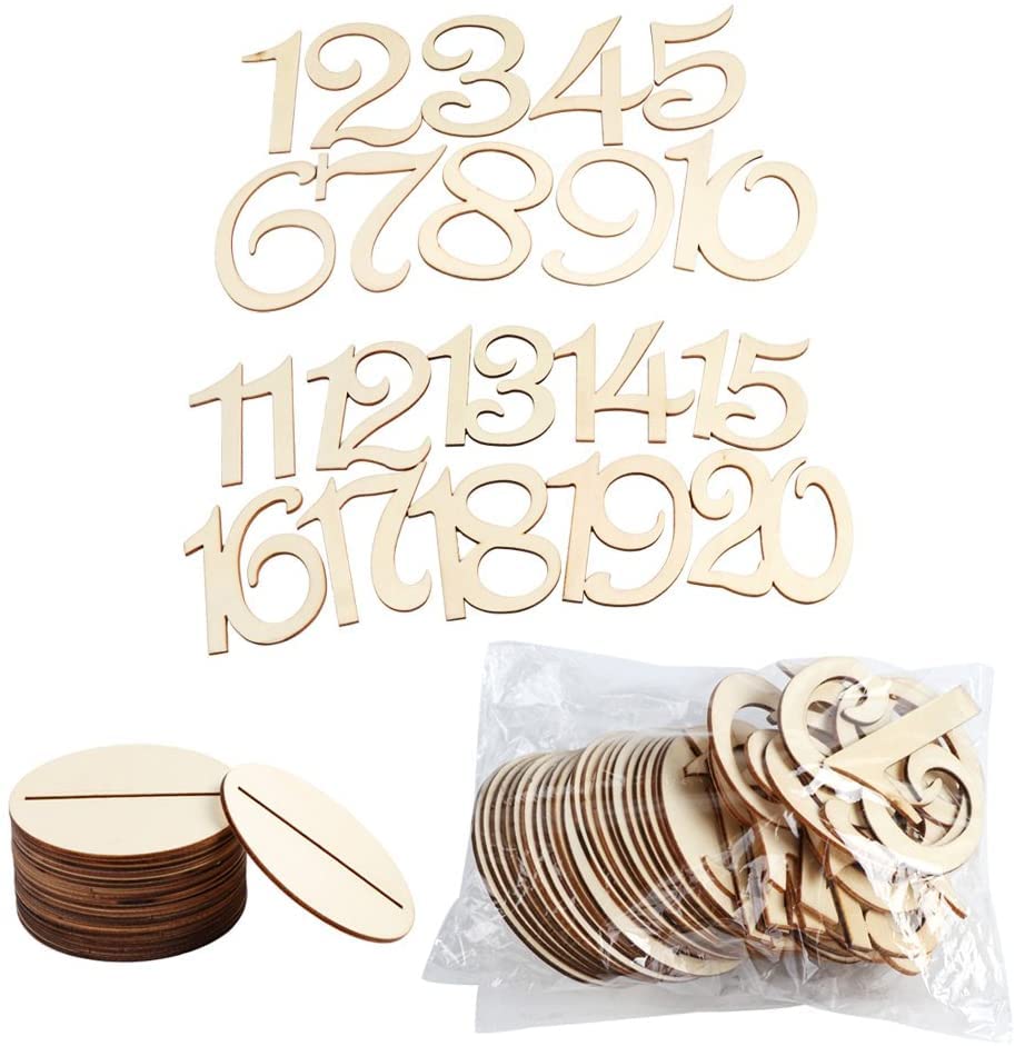 Wooden numbers and circular pieces on a white background