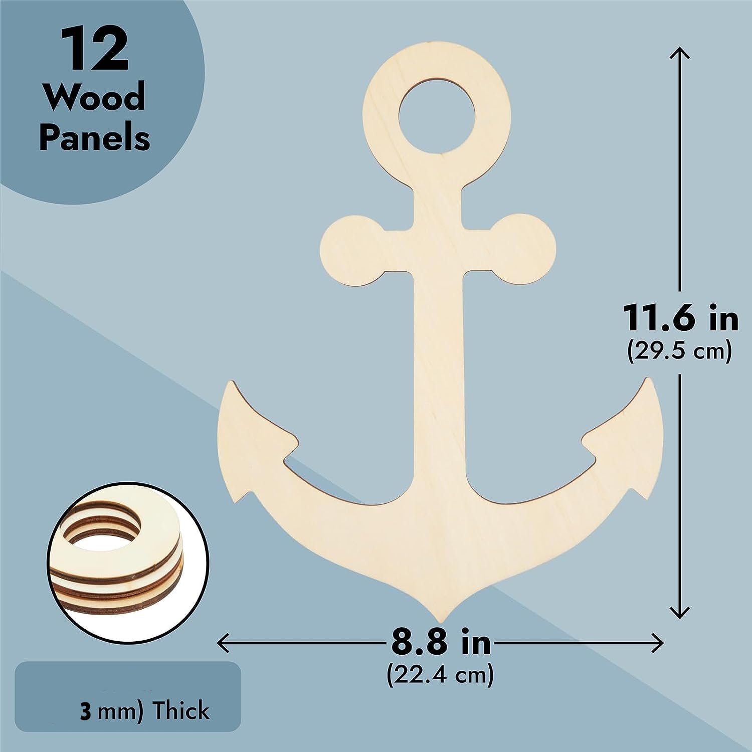 Wooden anchor shape with measurements on a light blue background